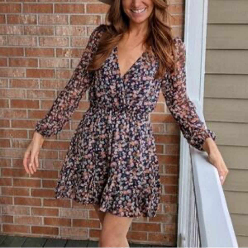 Altar'd State Blue Floral Boho Mini Dress Small Long Sheer Sleeve